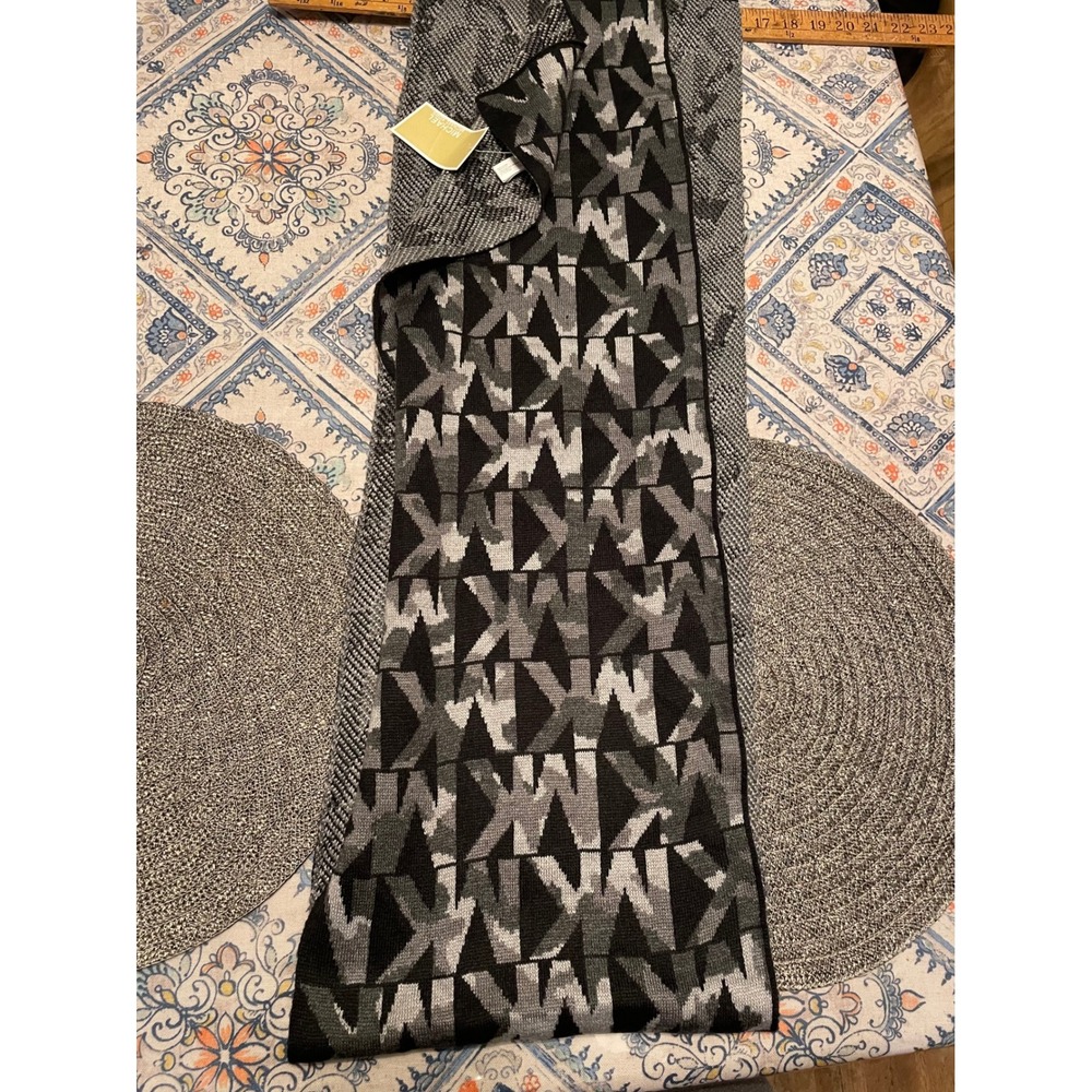 Michael Kors Womens MK Logo Monogram Reversible Knit Scarf Black Grey White NEW